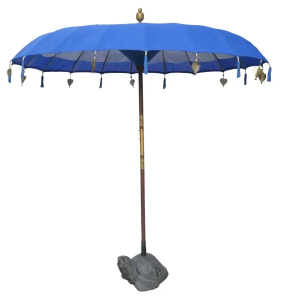Artikelbild 1 des Artikels “Bali-Schirm , türkis mit Holzmünzen und Blattgold am Rand. Ca. 230cm Durchmesser und 250cm Höhe “